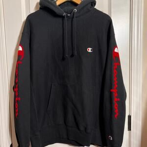 Champion Reverse Weave Hoodie / Sweatshirt Black with Red, Men's Size XL